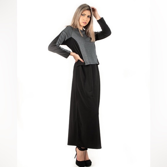 DEVORAH'S SECRET Maxi Dress Robe Hidden Nursing Flap Gray Sparkle With  Black - Picture 2 of 4